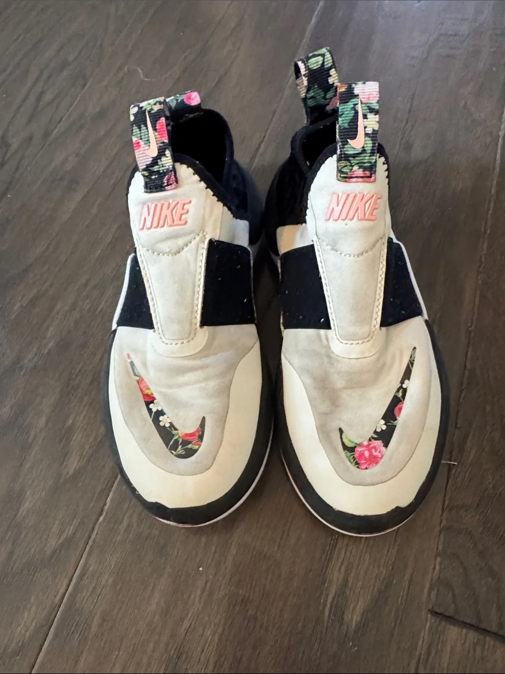 Nike Kids Slip-On Sneakers with Floral Swoosh - White, Black & Pink